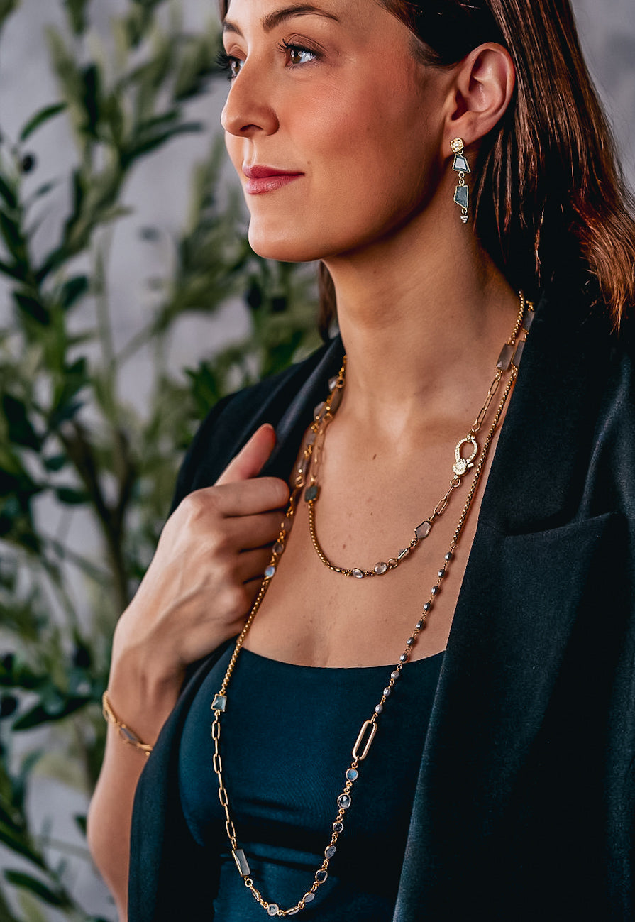Gold Moonstone, Aquamarine and Pearl Long Necklace