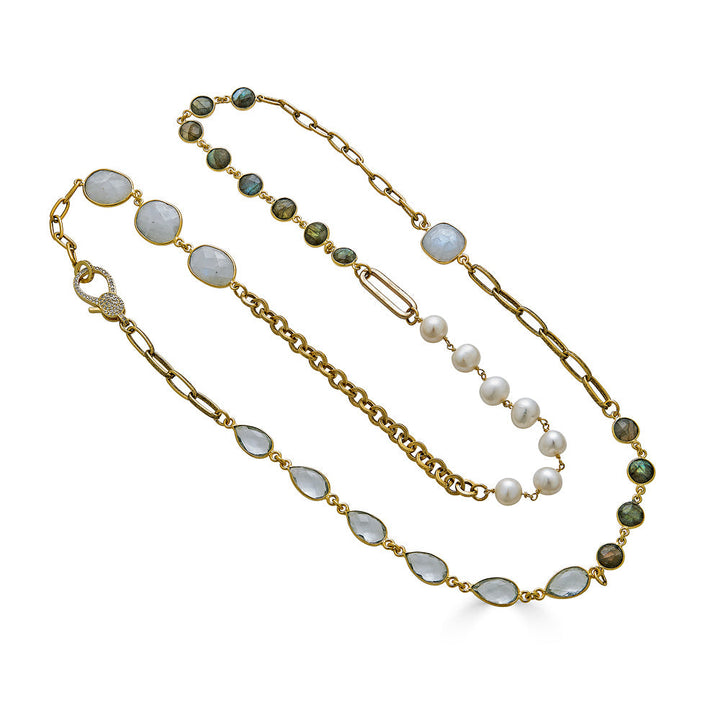 Gold Moonstone, Aquamarine and Pearl Long Necklace