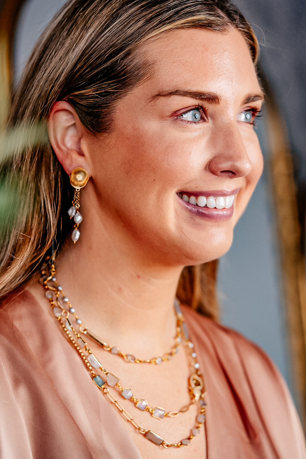 Gold Moonstone, Aquamarine and Pearl Long Necklace