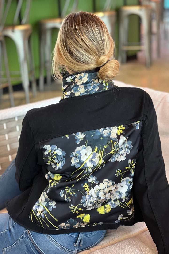 The Black Denim Jacket /  Blue Flower on Black