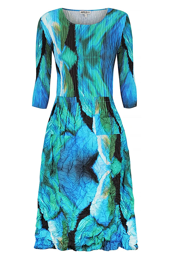 3/4 Sleeve Smash Pocket Dress Aqua Bows