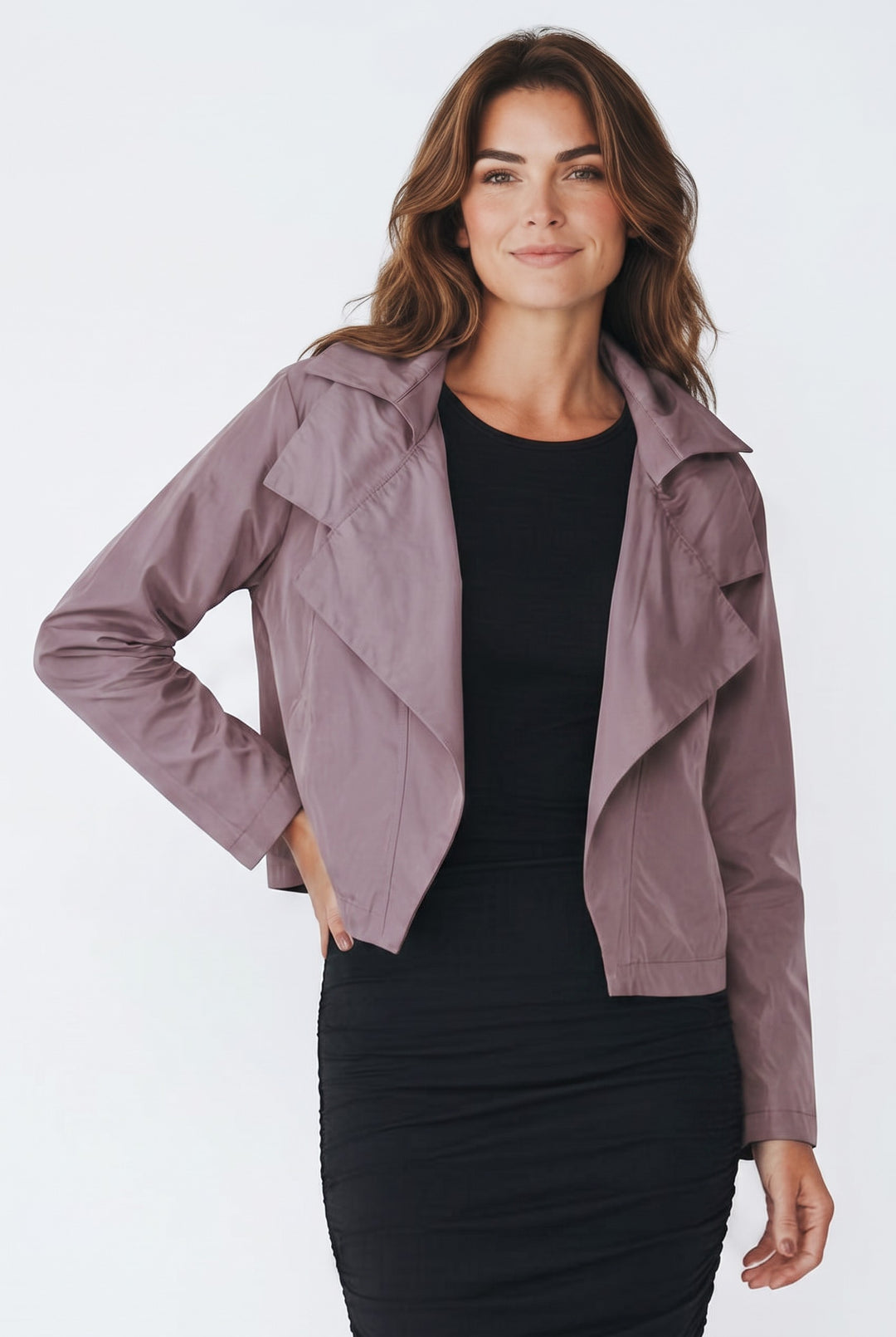 Model wearing a Just Perfect Collection Online amethyst purple nylon triple collar jacket over a black dress.