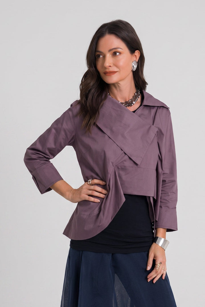 Model wearing Just Perfect Collection Online amethyst pima cotton origami shirt with unique folded lapel design