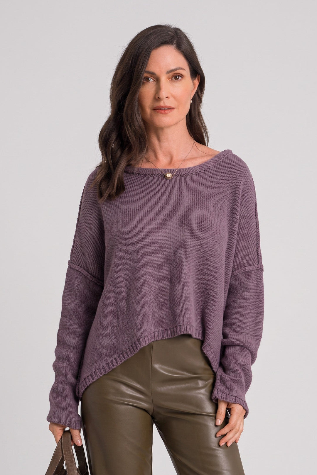 Just Perfect Collection Online amethyst pima cotton sweater with inside-out seam detailing and a relaxed boat neckline.