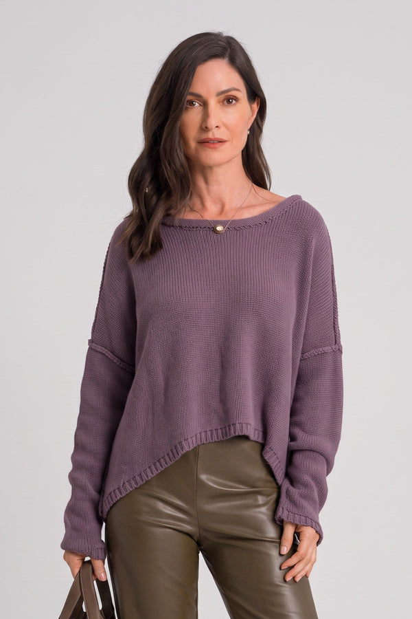Just Perfect Collection Online amethyst pima cotton sweater with inside-out seam detailing and a relaxed boat neckline.