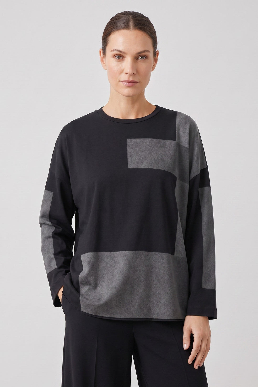 Just Perfect Collection Online black Pima cotton boxy tee with grey geometric block print and relaxed long sleeves.