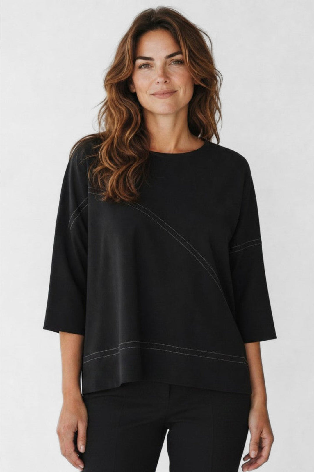 Just Perfect Collection Online black jersey knit top with raw edge seams and contrast stitching, round neck, 3/4 sleeves.