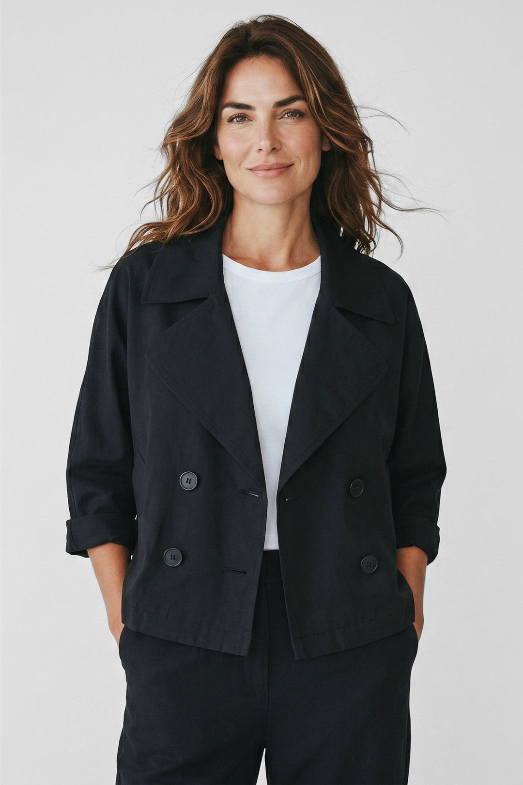 Just Perfect Collection Online black nylon cropped sailor jacket with asymmetrical double-breasted front and pockets.