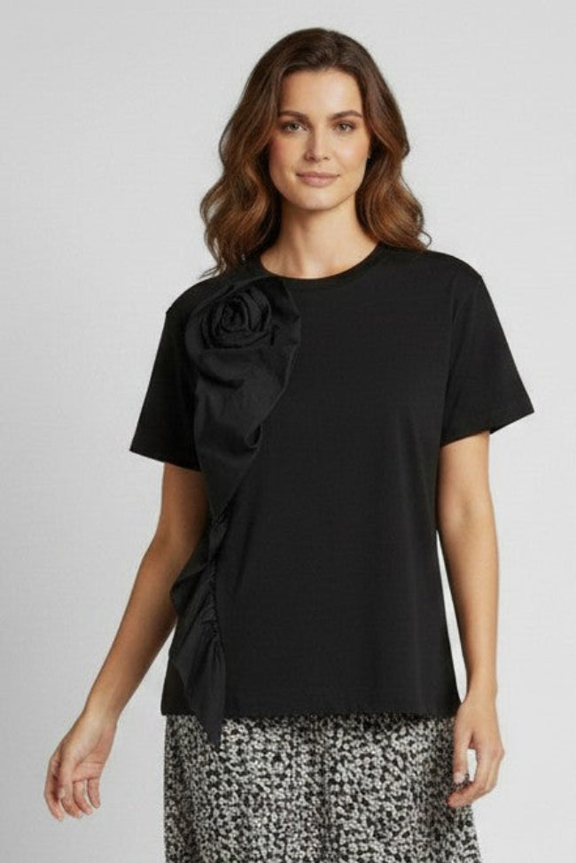 Just Perfect Collection Online black 100% cotton top with shoulder ruffle detail and round neckline.