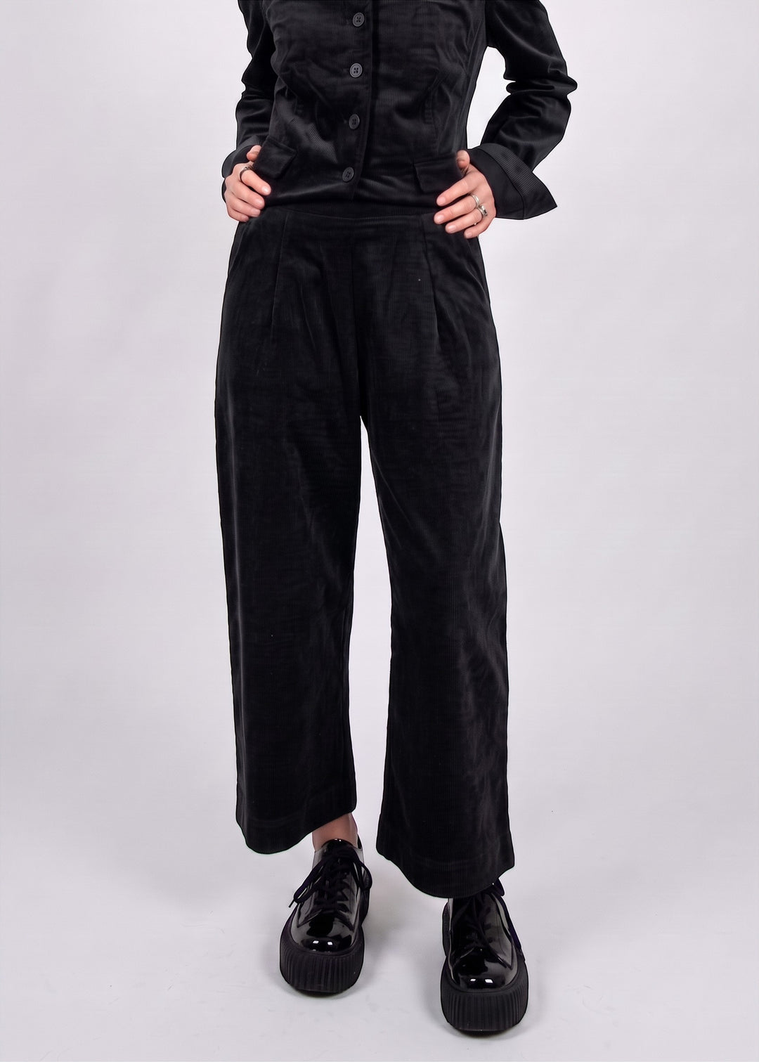 Just Perfect Collection Online black velvet flat front trousers with a tailored wide-leg fit and matching button shirt