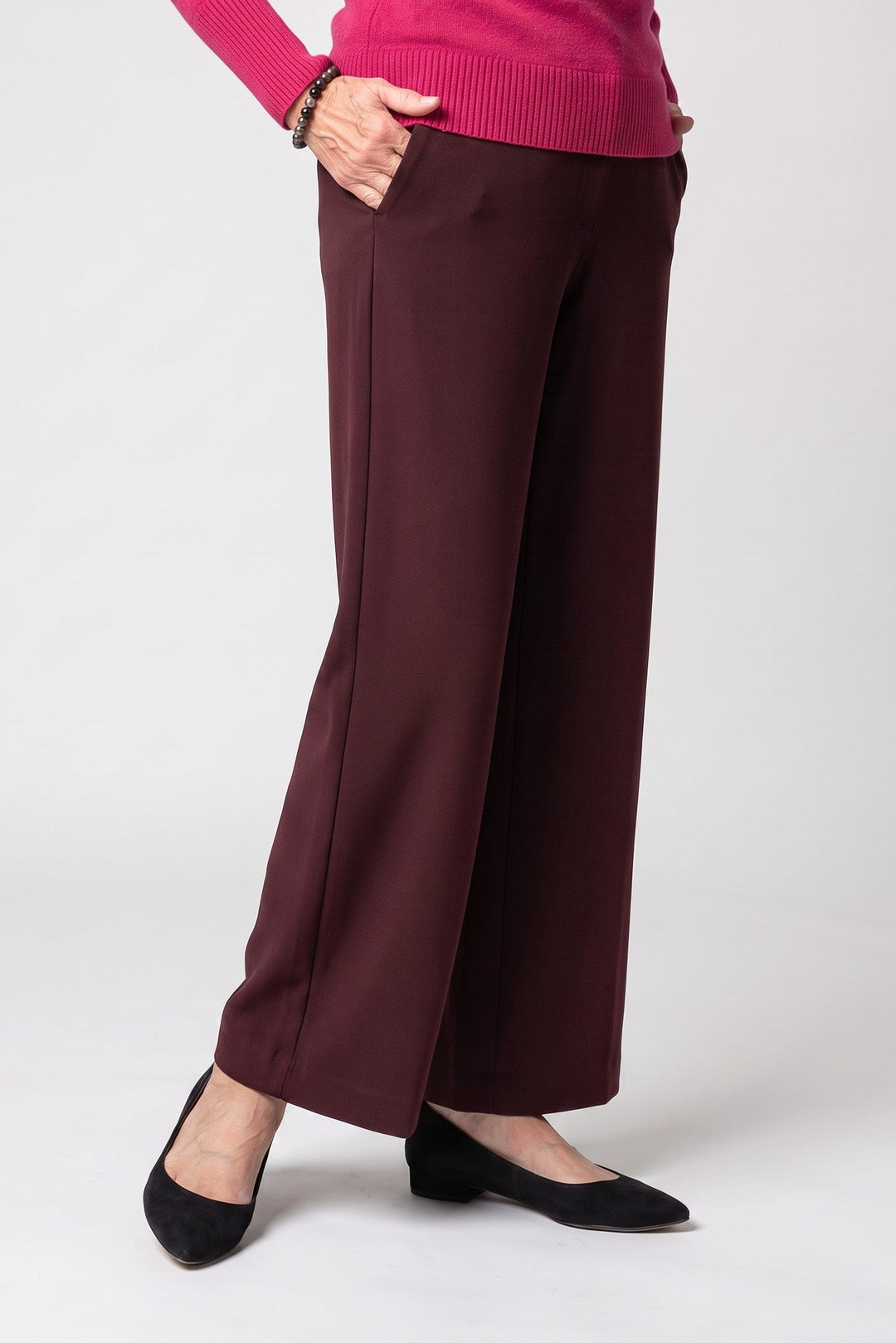 Just Perfect Collection Online Palina wide-leg trousers in deep burgundy jersey fabric with side pockets