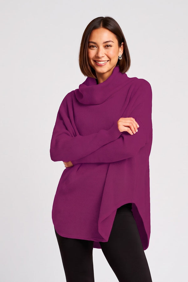 Model wearing a Just Perfect Collection Online crimson Pima cotton waffle-textured sweater with a draped cowl neckline.