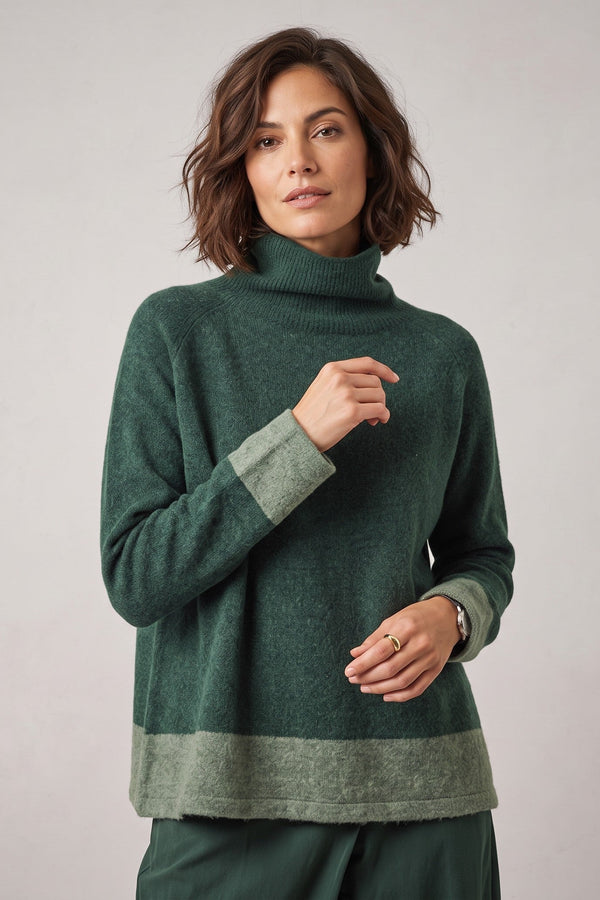 Just Perfect Collection Online forest green turtleneck sweater with dolman sleeves and a contrasting hem band