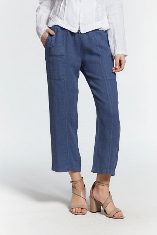 Just Perfect Collection Online dark blue 100% linen crop pants with elastic waist and side pockets.