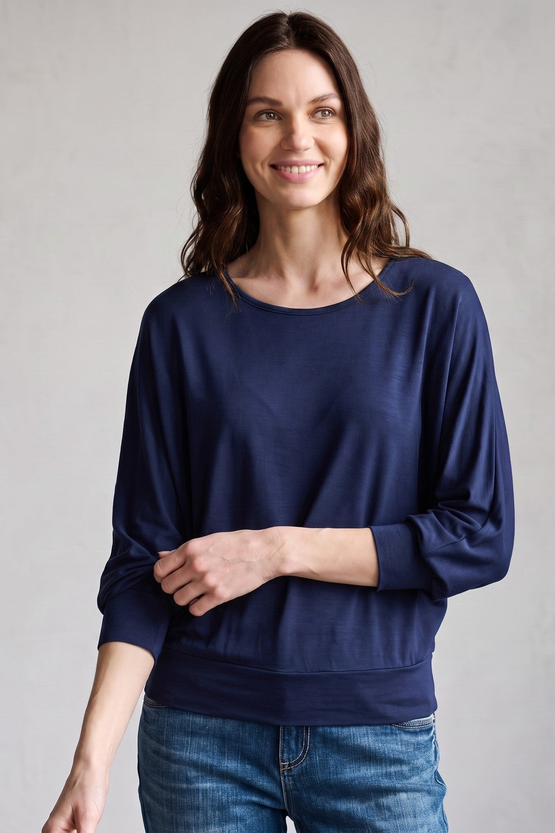 Just Perfect Collection Online Marie Dolman Sleeve Top in cosmic blue matte jersey with elbow sleeves and relaxed fit