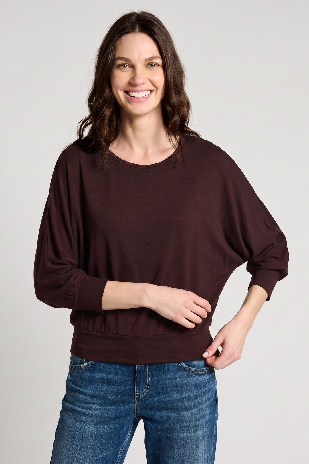 Just Perfect Collection Online Marie dolman sleeve top in port royal matte jersey with elbow sleeves on a smiling model