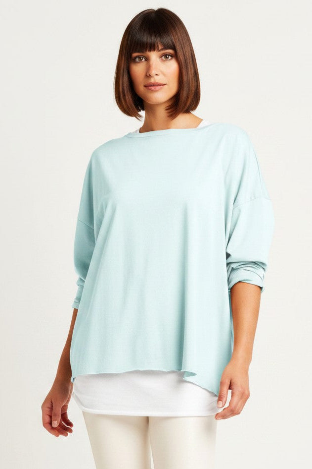 Just Perfect Collection Online mint Pima cotton boxy tee with wide neckline, layered over white tank and cream pants.