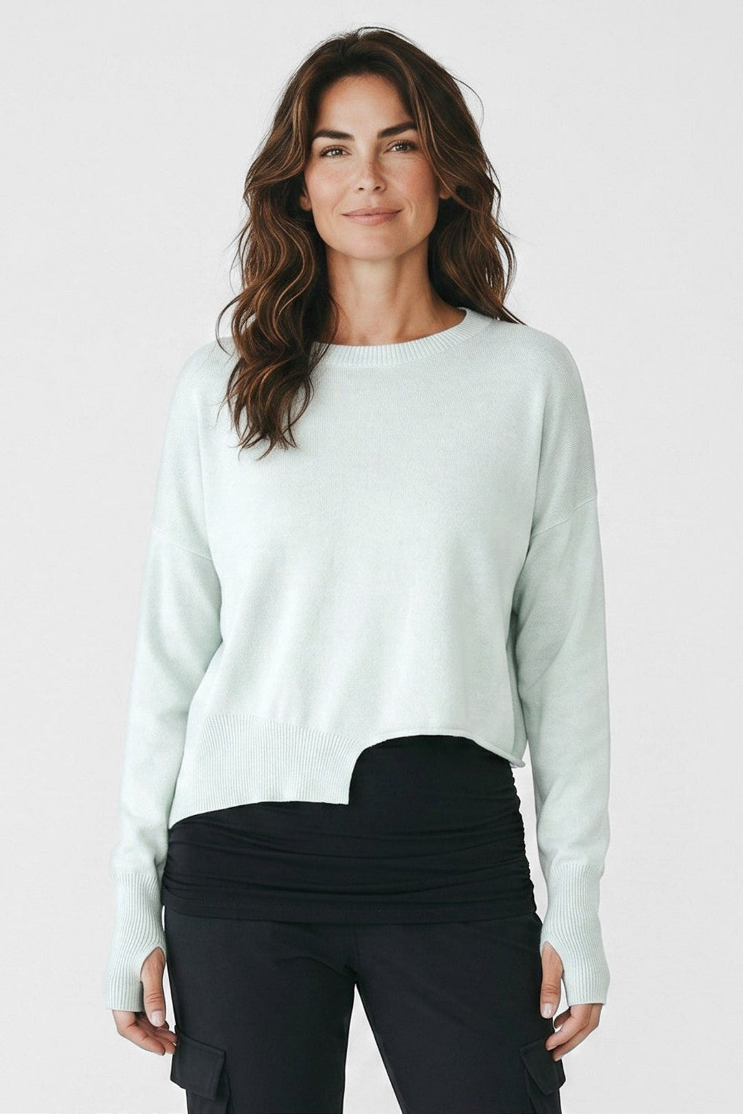 Just Perfect Collection Online mint Pima cotton knit crewneck sweater with drop shoulders and a unique cut-out hem.