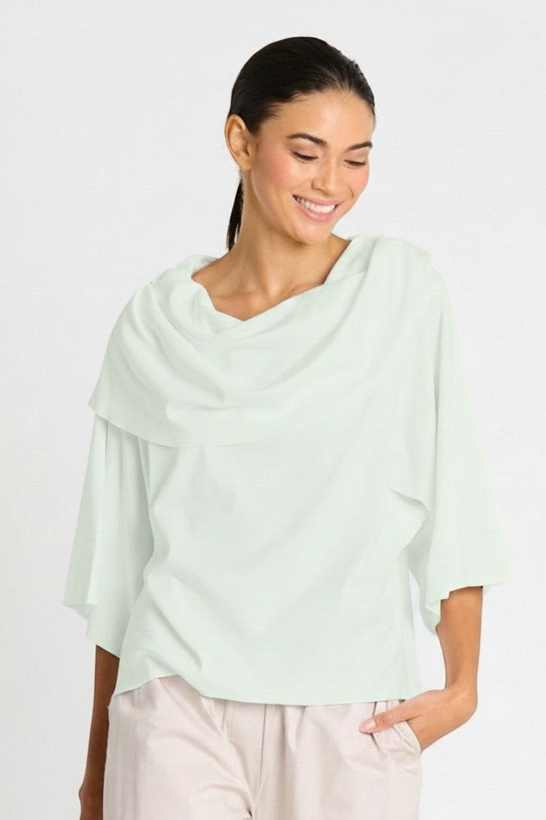Just Perfect Collection Online mint green Pima cotton Jackie O top with cowl neckline and kimono sleeves