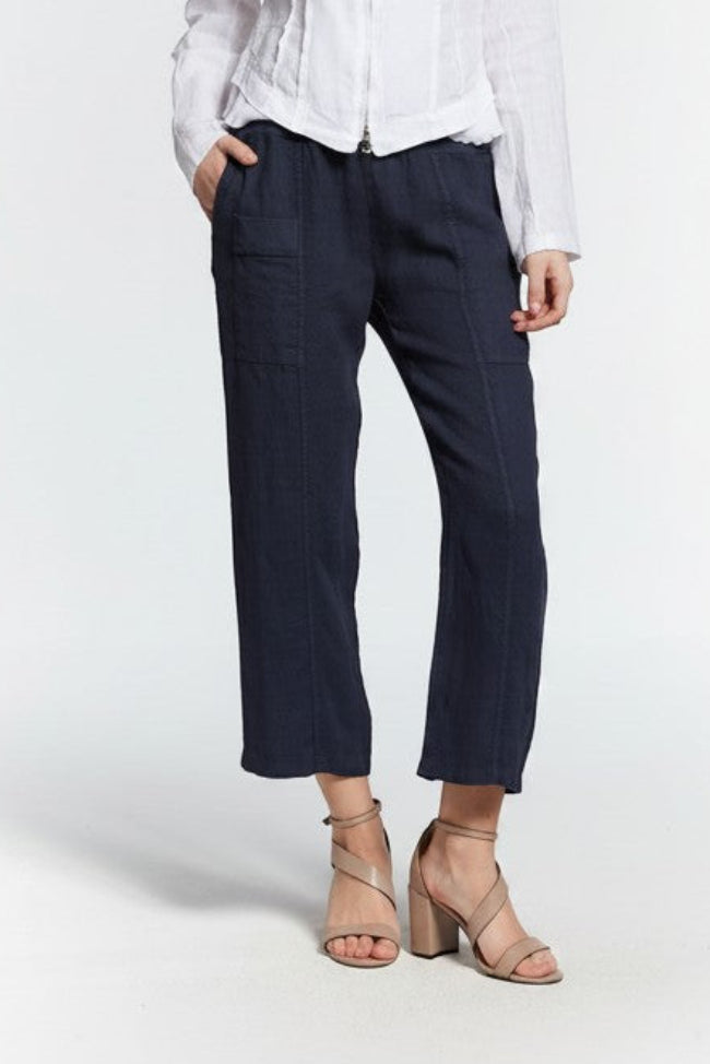 Just Perfect Collection Online navy 100% linen pull-on crop pants with elastic waist and side pockets.