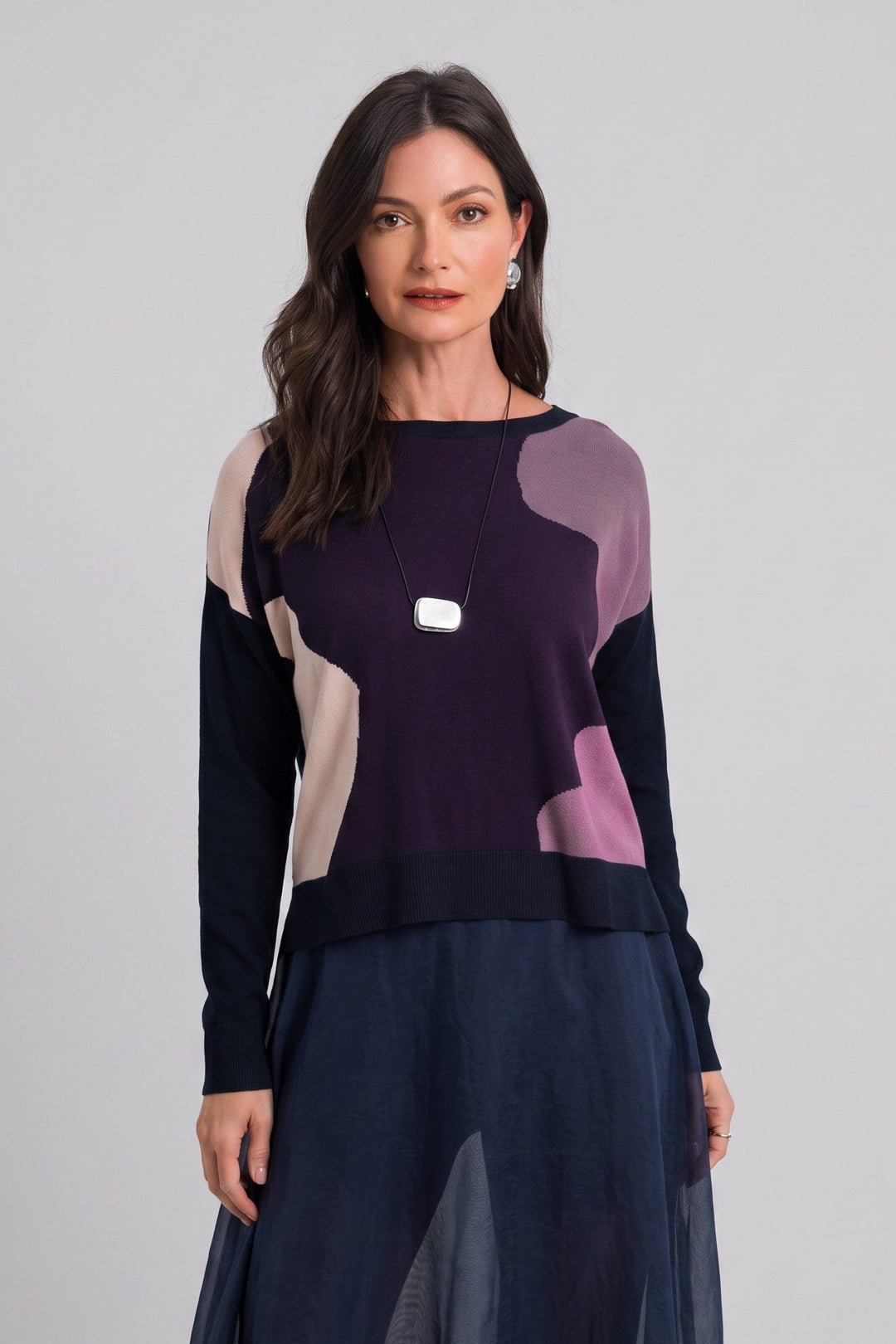 Model wearing Just Perfect Collection Online Pima Cotton Clouds Sweater in midnight black with abstract cloud pattern