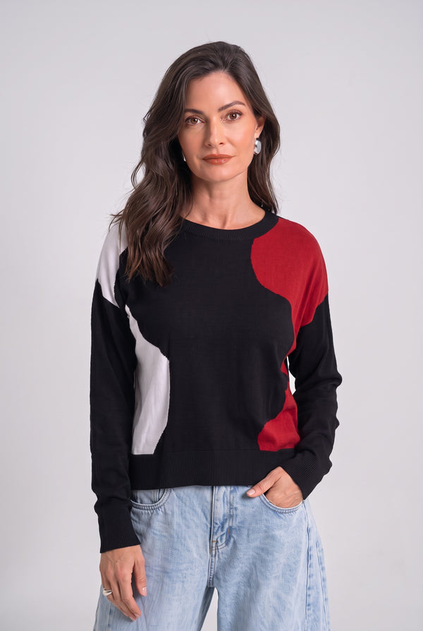 Just Perfect Collection Online Pima cotton sweater featuring a black, white, and red abstract cloud-inspired pattern.