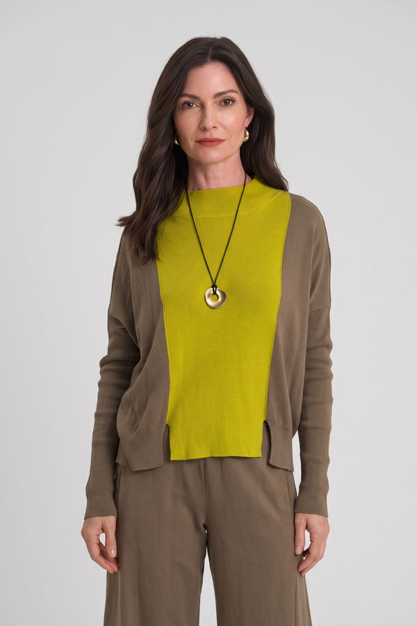 Model wearing a Just Perfect Collection Online Pima cotton sweater with lime green front panel and taupe sleeves.