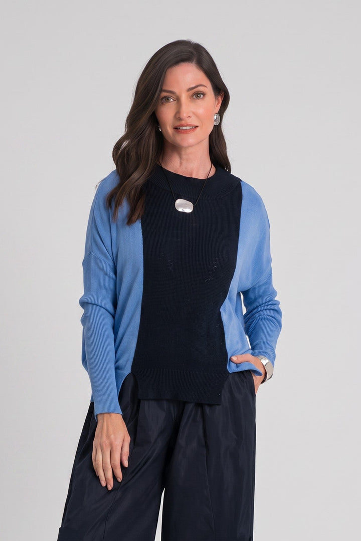 Just Perfect Collection Online Pima cotton sweater in marina blue and midnight with sporty panel design on a model
