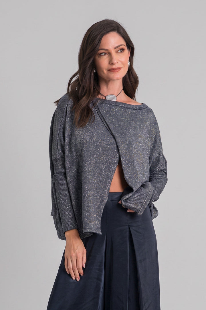 Just Perfect Collection Online reversible midnight Pima cotton sweater with shimmering lurex accents on a model.