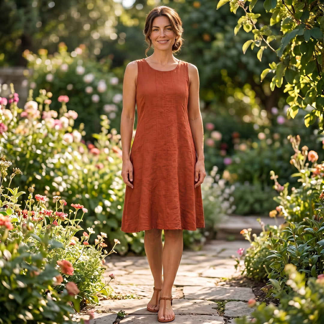 Woman wearing a Just Perfect Collection Online rust linen seamed dress, standing in a lush garden path.