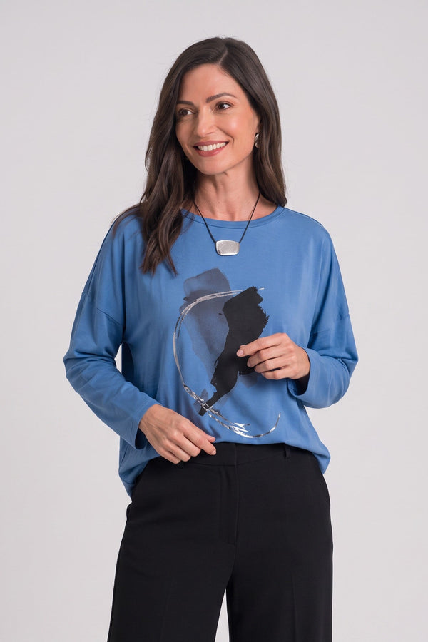 Just Perfect Collection Online sapphire blue Pima cotton boxy tee with a black ink blot graphic and long sleeves.