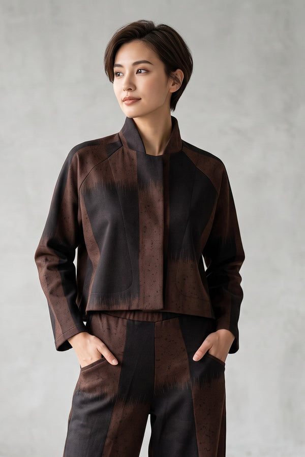 Just Perfect Collection Online Tank Milano crop jacket in black and brown print worn by a woman with short hair
