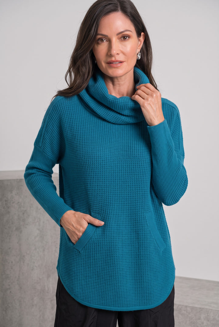 Just Perfect Collection Online teal Pima cotton waffle-knit sweater with a draped cowl neck and faux pocket detail.