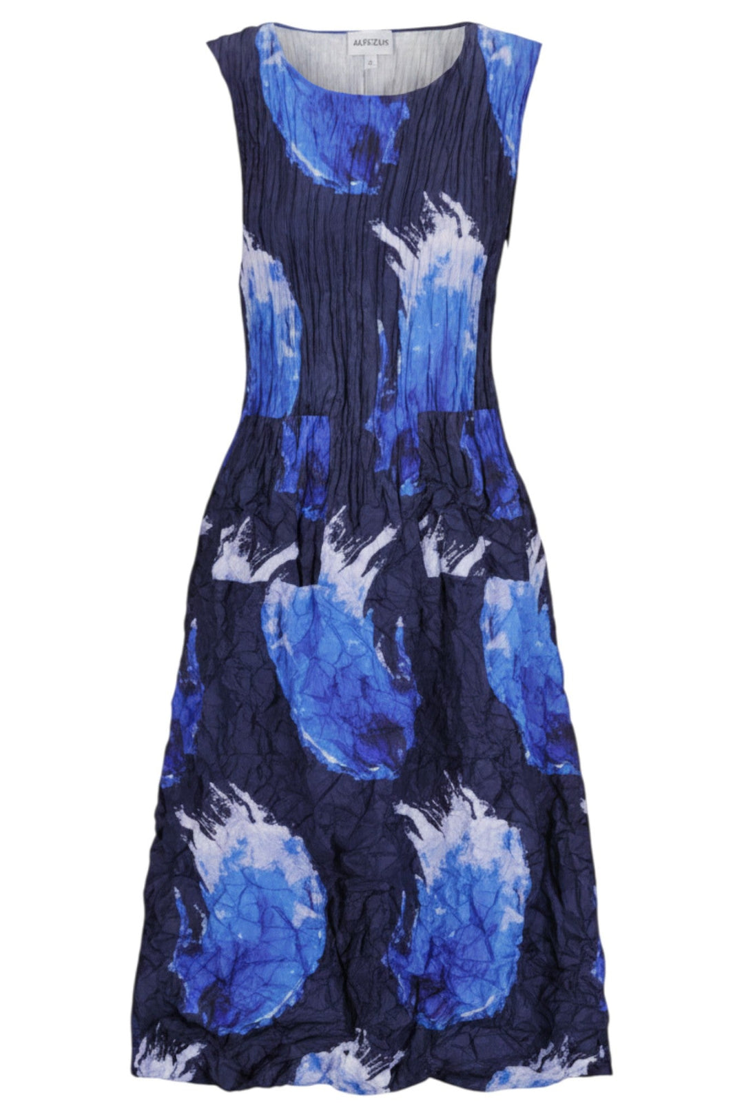 Just Perfect Collection Online blue splash print sleeveless midi dress in crinkled satin.