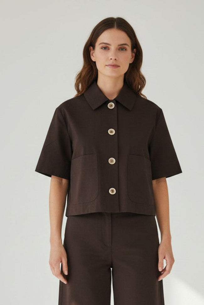 Just Perfect Collection Online chocolate brown short sleeve collared blazer with button front and patch pockets.