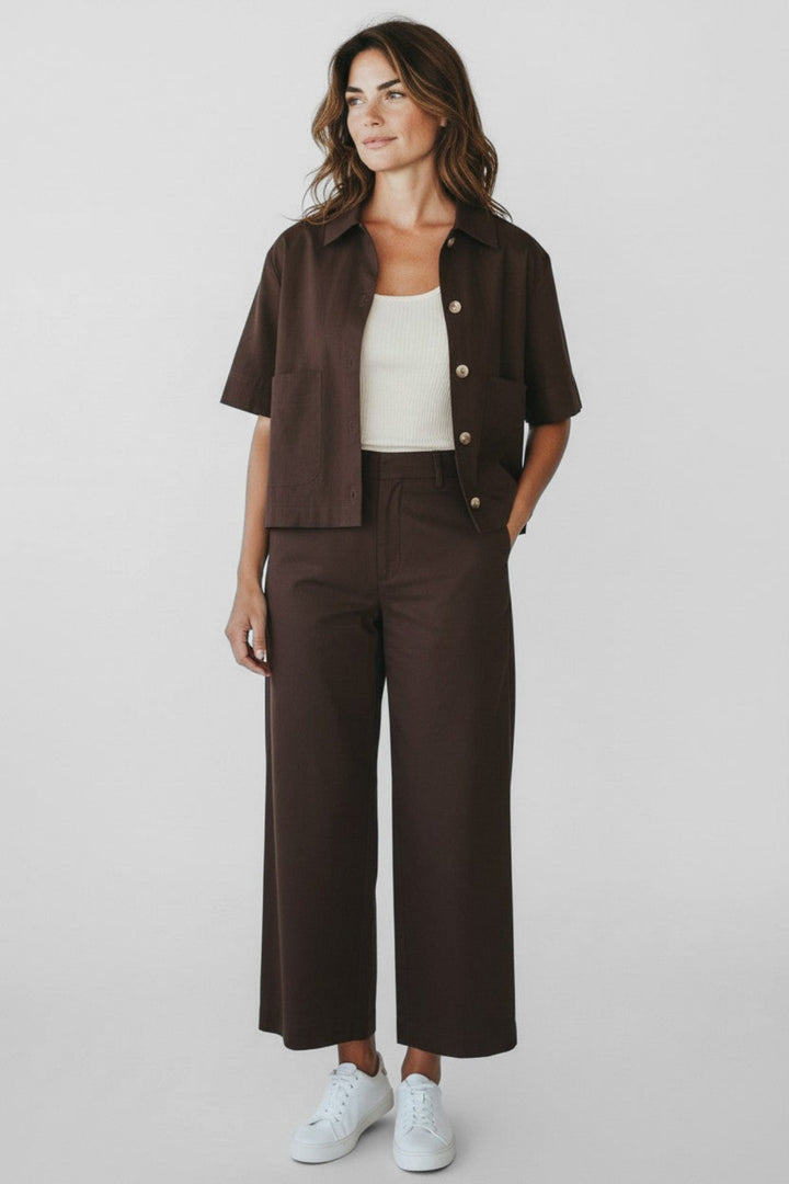 Just Perfect Collection Online chocolate brown short sleeve collared blazer with button front and chest pockets.