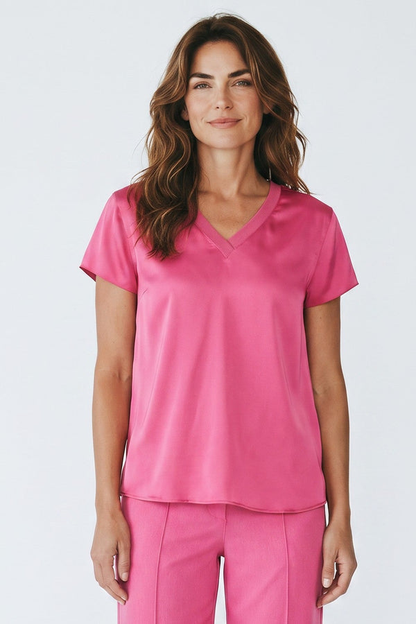 Just Perfect Collection Online hot pink satin V-neck top with double-self sleeves and high-low hem.