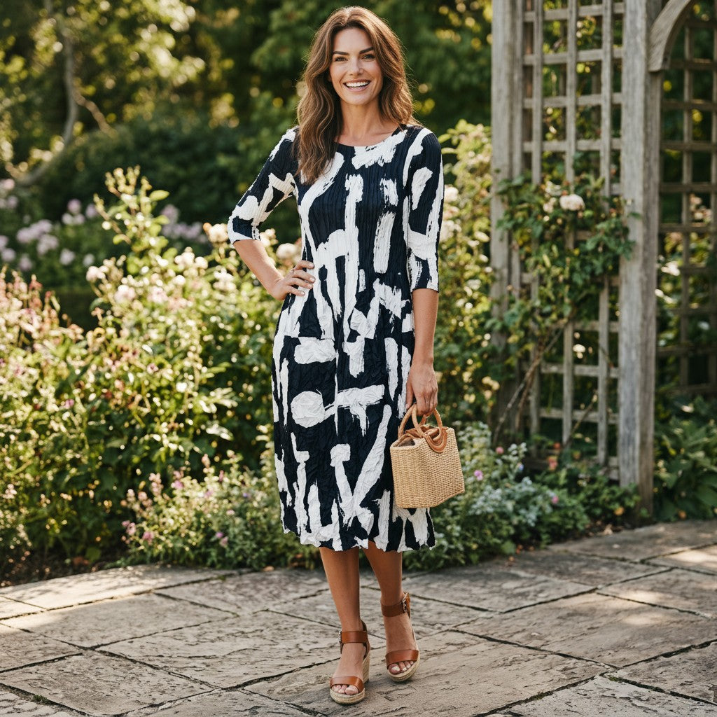 Just Perfect Collection Online 3/4 sleeve indigo and white abstract print dress made of reverse satin.