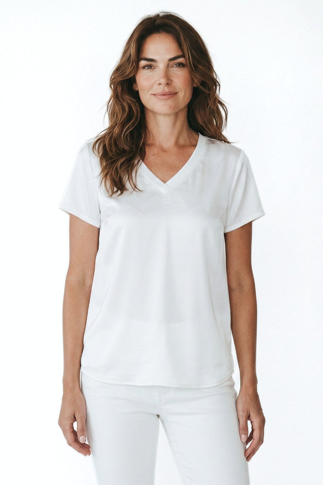 Just Perfect Collection Online Saori off-white satin and jersey mix-media V-neck top with double-self sleeves and high-low hem.
