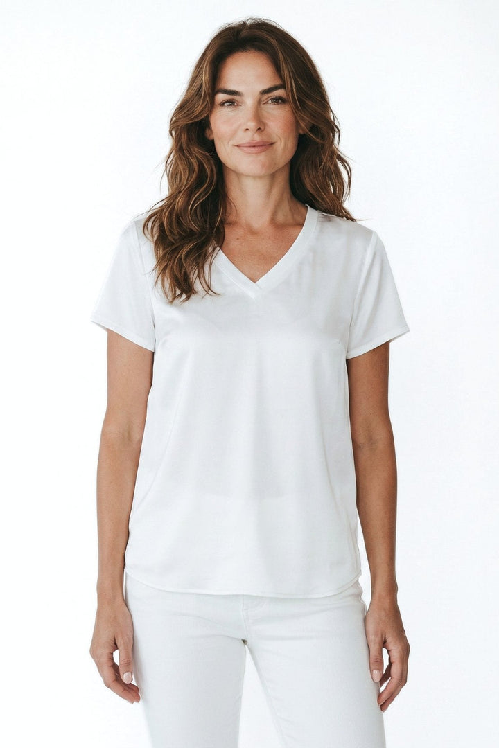Just Perfect Collection Online Saori off-white satin and jersey mix-media V-neck top with double-self sleeves and high-low hem.