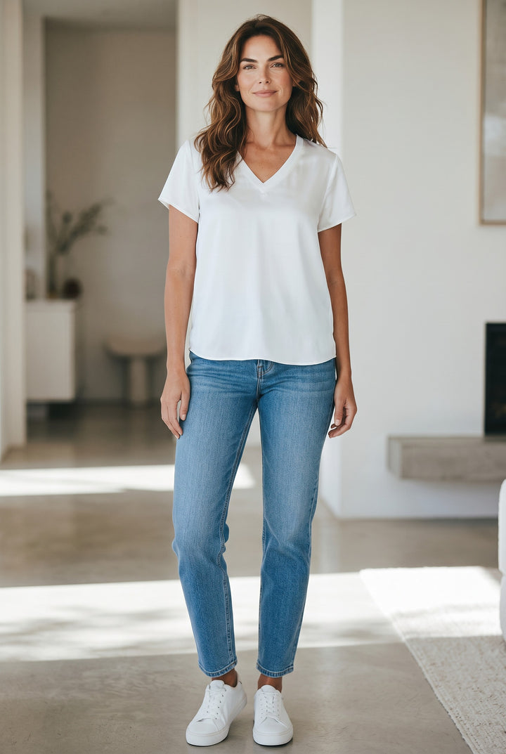 Just Perfect Collection Online Saori off-white satin and jersey V-neck top with double-self sleeves and high-low hem.