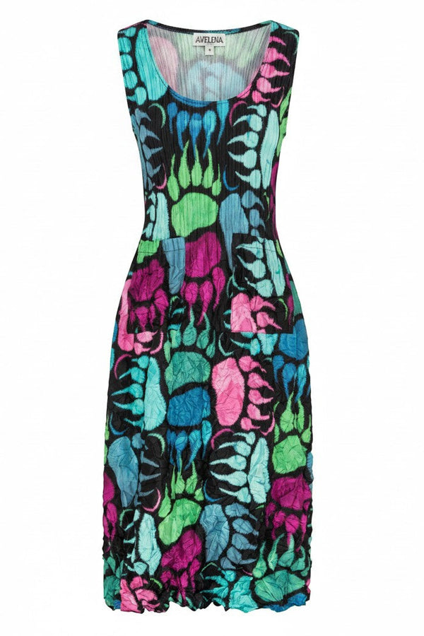 Just Perfect Collection Online women's 3/4 sleeve midi dress with a vibrant rainbow abstract print and crinkle texture.