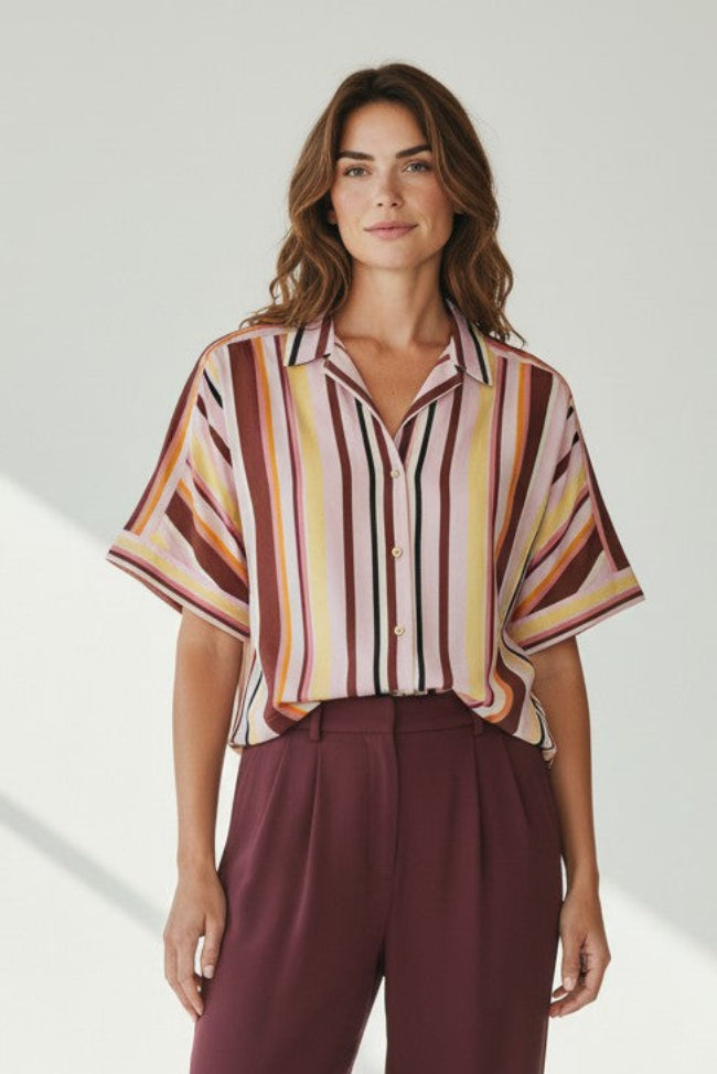 Just Perfect Collection Online Lesly short sleeve shirt with vertical stripes in rose, yellow, brown, and pink.