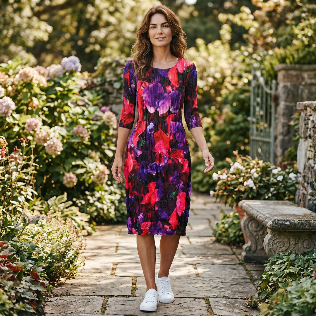 Just Perfect Collection Online 3/4 sleeve dress in sweet pea floral print, made of 100% reverse satin.