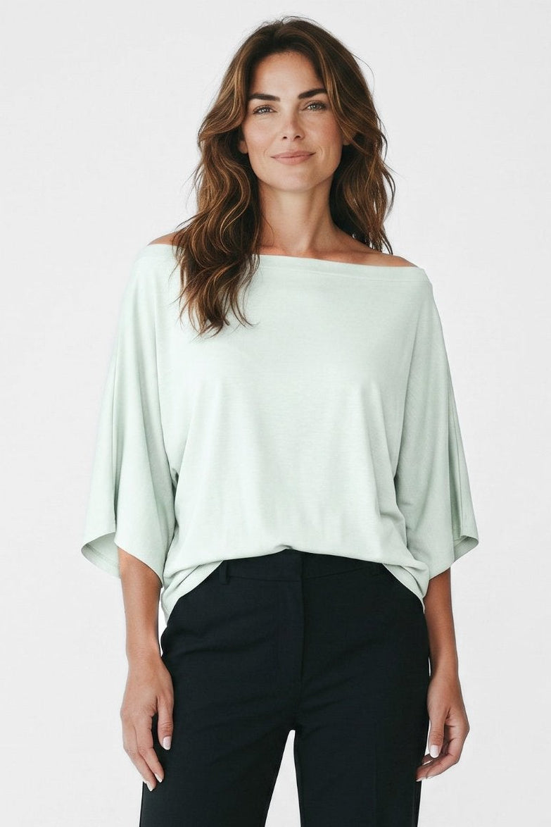 Just Perfect Collection Online taupe Pima cotton bateau neck tee with dolman sleeves and raw hem.