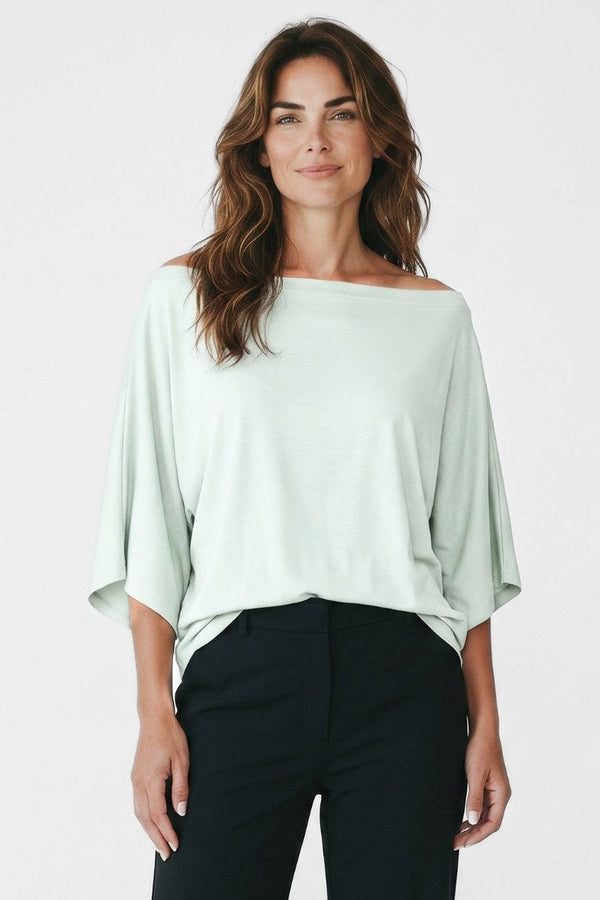 Just Perfect Collection Online taupe Pima cotton bateau neck tee with dolman sleeves and raw hem.