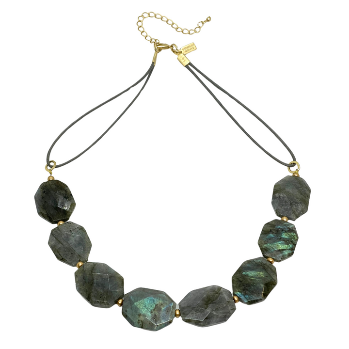 Natural Labradorite on Grey Linen Necklace