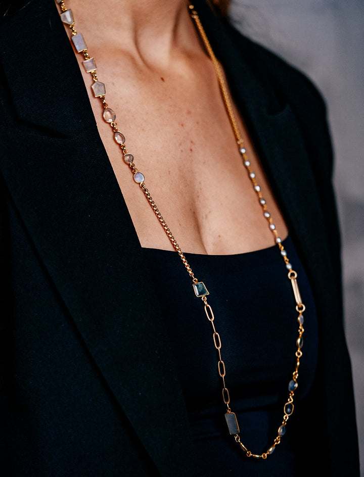 Gold Moonstone, Aquamarine and Pearl Long Necklace