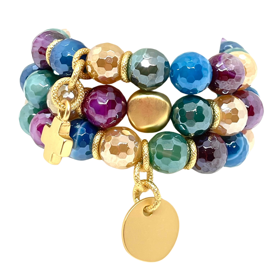 Multi Agate Stretch Bracelet With Matte Gold Cross Charm