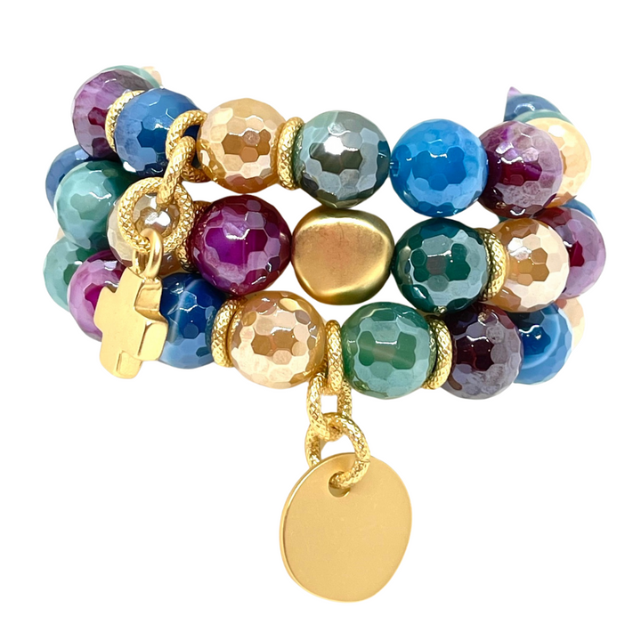 Multi Agate Stretch Bracelet With Matte Gold Cross Charm